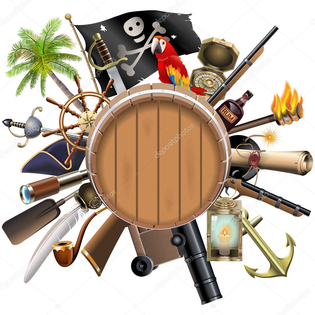 Vector Wooden Barrel with Pirate Accessories isolated on white background
