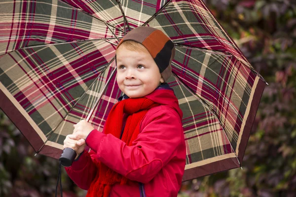 Divertente ragazzo stand sotto un ombrello — Foto Stock