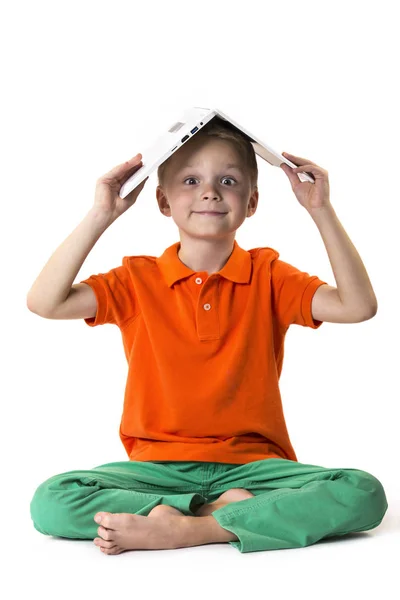 Funny boy with laptop — Stock Photo, Image