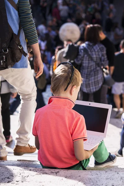 Boy Looks Laptop Steps Lot People — Stock Photo, Image