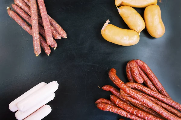 Different Meat Sausages Black Background — Stock Photo, Image