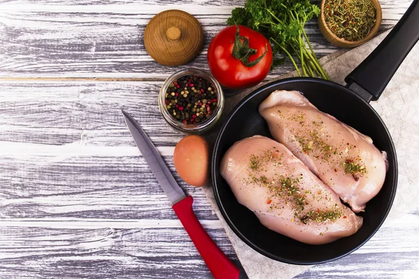 Raw Chicken Fillet Spices Frying Pan — Stock Photo, Image