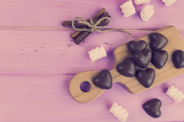 Chocolate Heart Pink Wooden Board — Stock Photo, Image