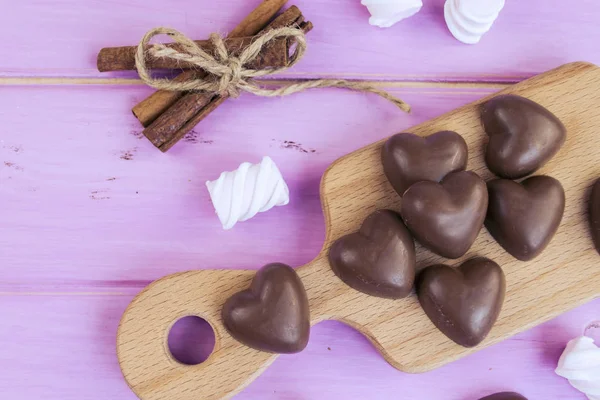 Chocolate Heart Pink Wooden Board — Stock Photo, Image