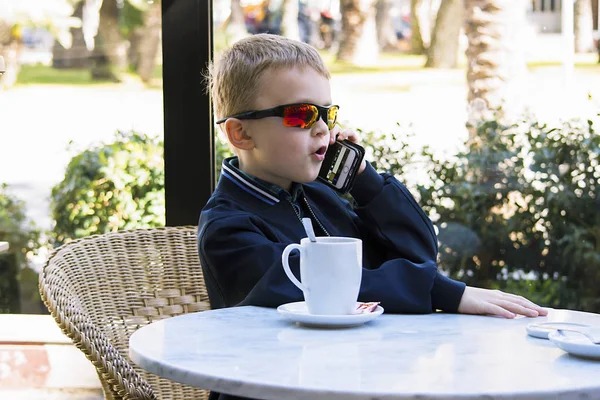 Boy Talking Phone Cafe Tea — Stock Photo, Image