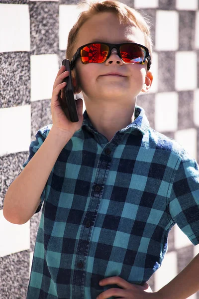 Cute Boy Talking Mobile Phone Outdoors City Summer — Stock Photo, Image