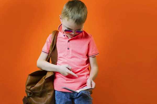 Divertente Viaggiatore Ragazzo Con Una Borsa Possesso Passaporto Mano — Foto Stock