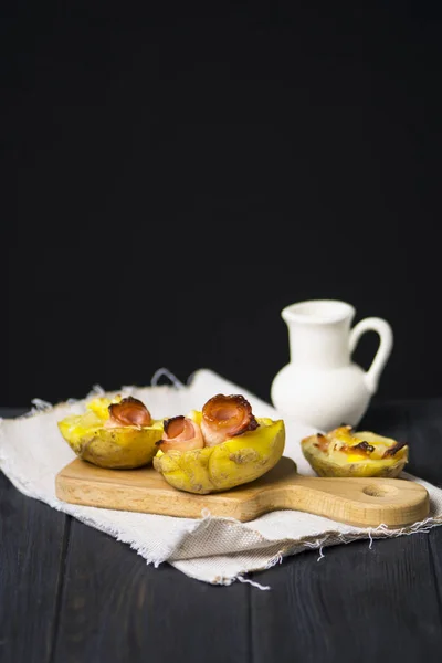 Baked Potatoes Cheese Ham Dark Background — Stock Photo, Image
