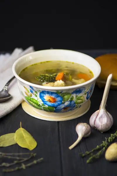 Buckwheat Green Soup Chicken Meat Broccoli Vegetables Wooden Background — Stock Photo, Image