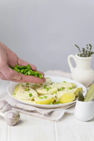 Krem Peynir Soslu Haşlanmış Patates Tabakta Yeşillik — Stok fotoğraf