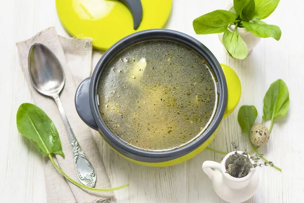 Sauerampfer Spinatsuppe Mit Gemüse Auf Hühnerbrühe Der Pfanne — Stockfoto