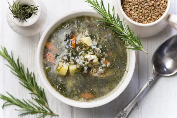 Buckwheat Vegetable Soup Spinach Chicken Broth — Stock Photo, Image