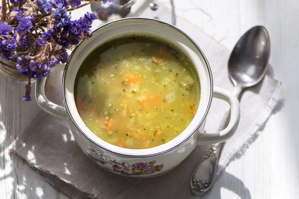 Pea Soup Chicken Broth Pan Wooden Background — Stock Photo, Image