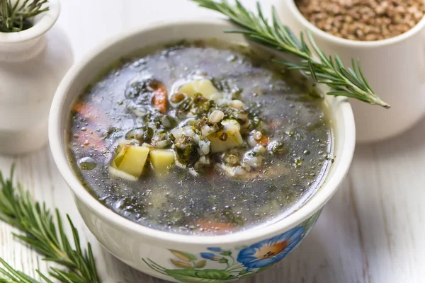 Buckwheat Vegetable Soup Spinach Chicken Broth — Stock Photo, Image