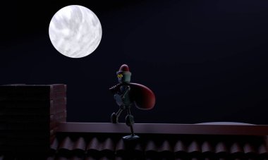 Retro robot Noel Baba çanta ile çatıda yürür 3D çizer.