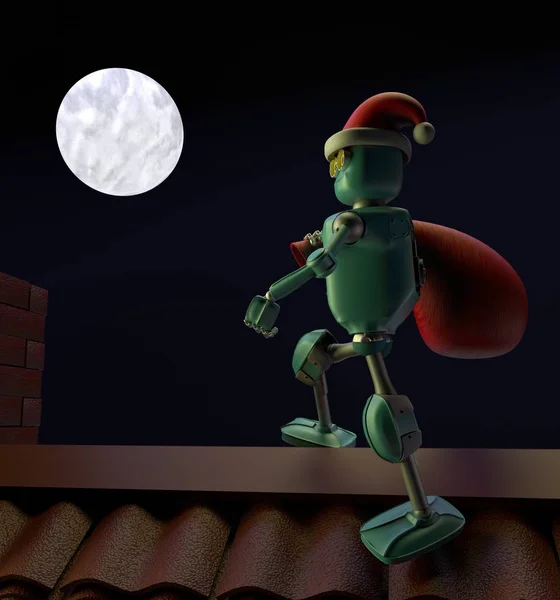 Retro robot santa claus with bag walks on the roof.3d render.