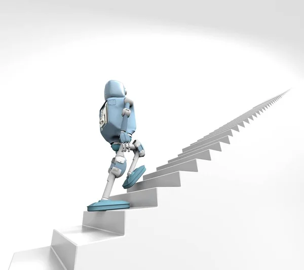 Robô caminha na escada, no bacground branco, renderização 3d . — Fotografia de Stock