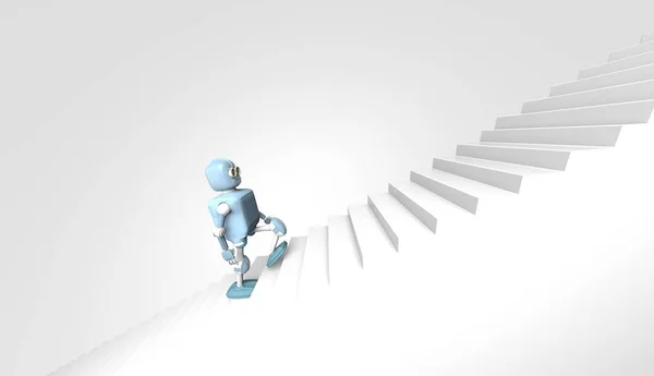Robot camina en la escalera, en el bacground blanco, 3d render . —  Fotos de Stock