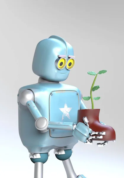 Ayakkabılı retro robot, gri arka planda izole edilmiş, 3D