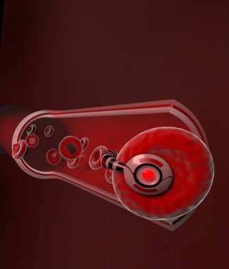 Atardamarlarında mikro robotlar olan kırmızı kan, kan damarları dilimlenmiş. 