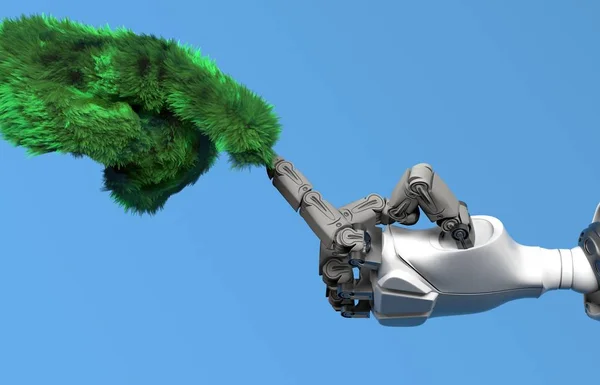 Çimen el metal ele dokunur, 3D render..