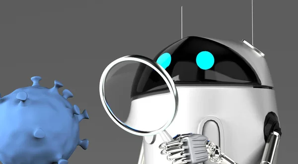 Robot studerar ett coronavirus med förstoringsglas, robot med bakterie, Stockbild