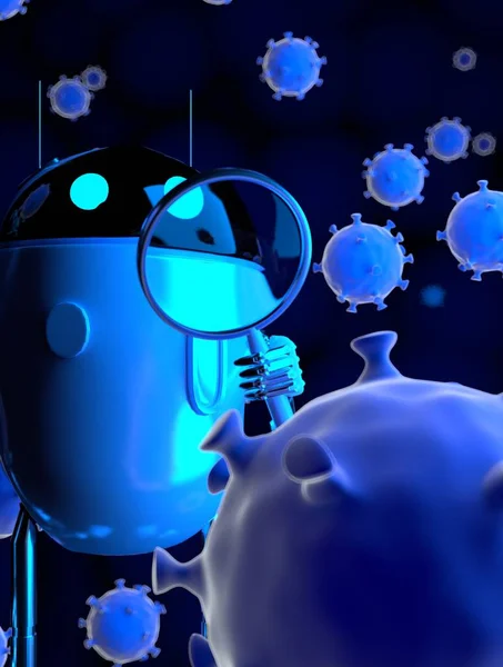 Robot büyüteçle koronavirüsü, bacte ile nano robotu inceliyor.