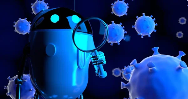 Robô estuda um coronavírus com lupa, robô nano com bacte Fotos De Bancos De Imagens