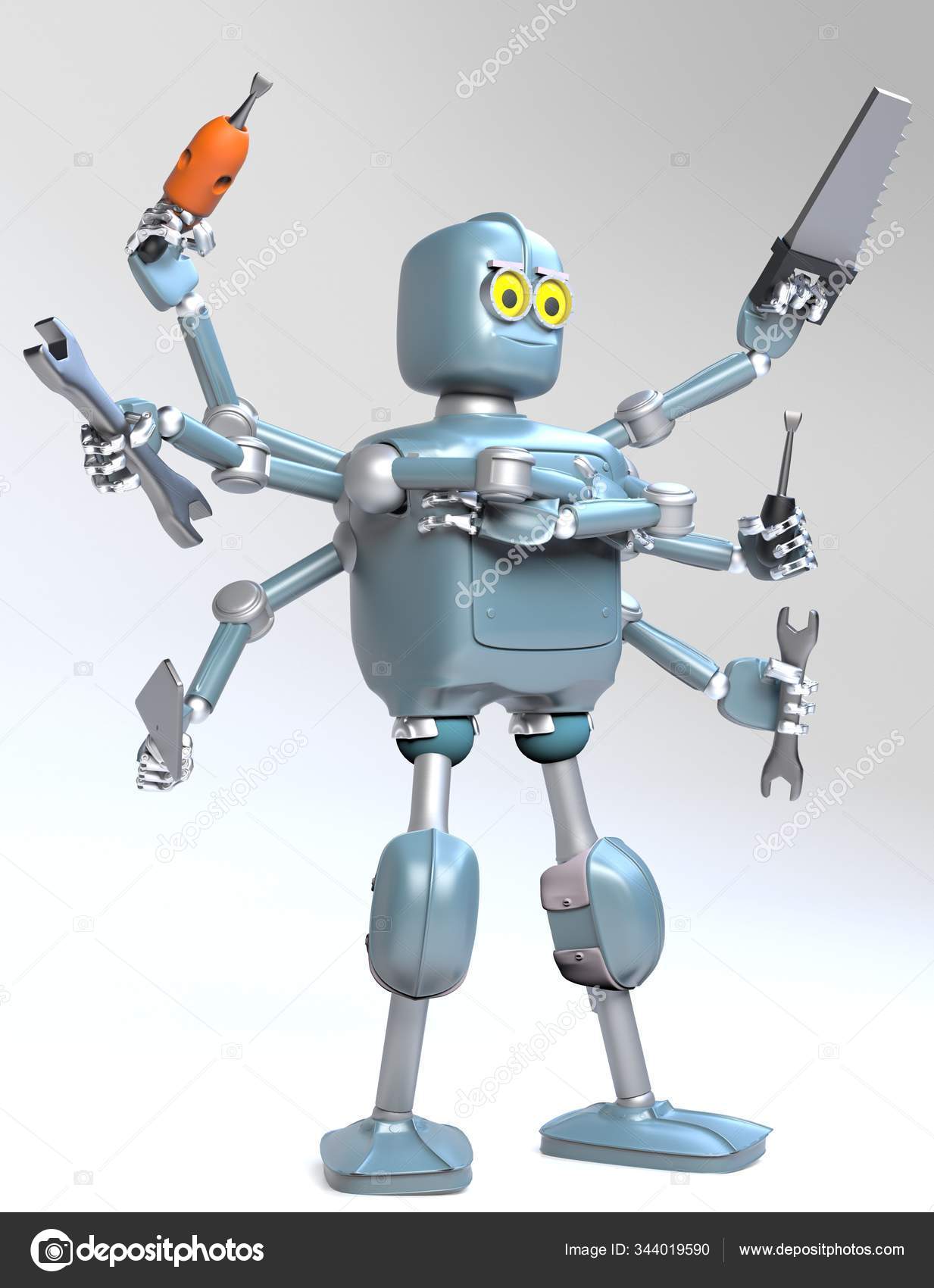 Robô retro com muitas ferramentas, polvo, robô faz-tudo, renderização 3d .  — Foto © optinik #344019590, image size:1233x1700