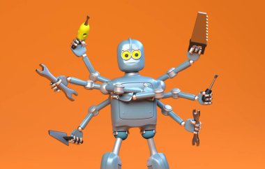 retro robot with many tools,octopus,robot handyman,3d render.