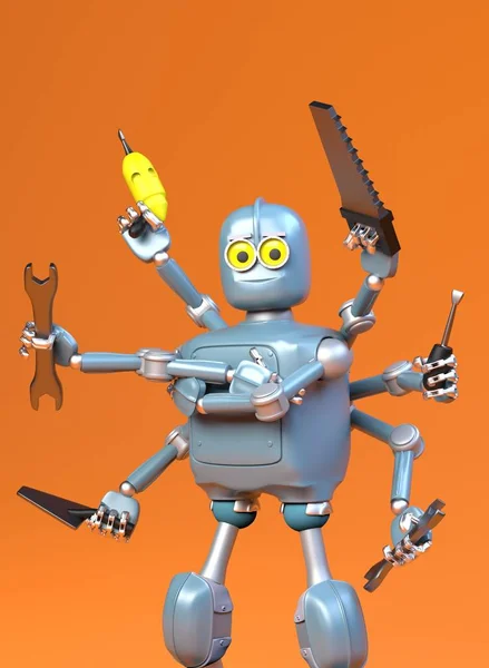 Robot retro z wieloma narzędziami, ośmiornica, robot złota rączka, renderowanie 3D. — Zdjęcie stockowe