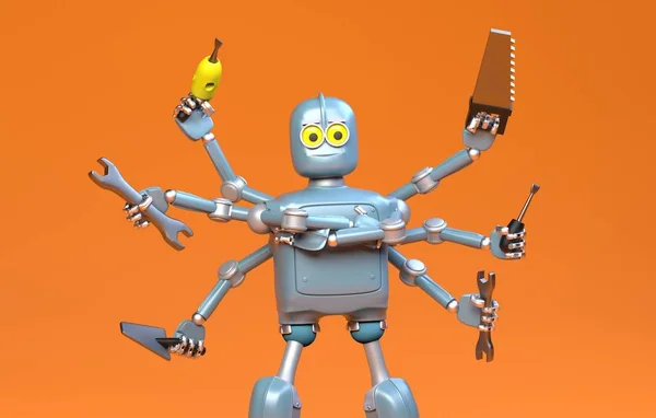 retro robot with many tools,octopus,robot handyman,3d render.