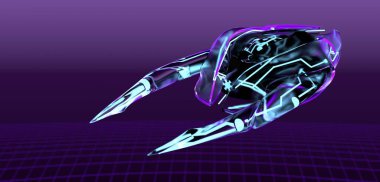 neon spaceship on purple bacground,cyber pank,3d render.