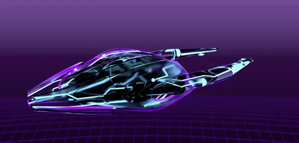 Neon spaceship on purple bacground,cyber pank,3d render. — Stockfoto