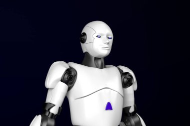 Bilim kurgu robotu, siyah zemin üzerinde android, 3D görüntüleme.