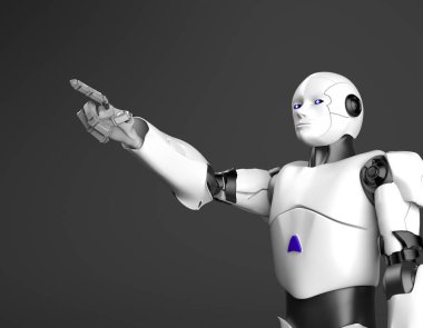 Beyaz insanımsı robot bir parmak doğrultuyor..