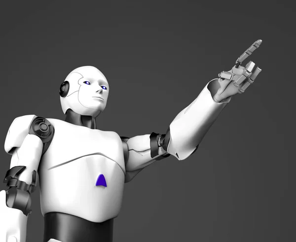 Robô Humanóide Branco Aponta Dedo Renderização — Fotografia de Stock