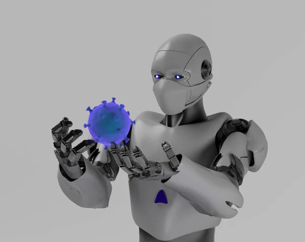 Robot Studies Coronavirus Gauze Mask Medical Nano Robot Bacterium Render — Stock Photo, Image