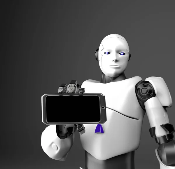 Robô Humanóide Com Telefone Renderização — Fotografia de Stock