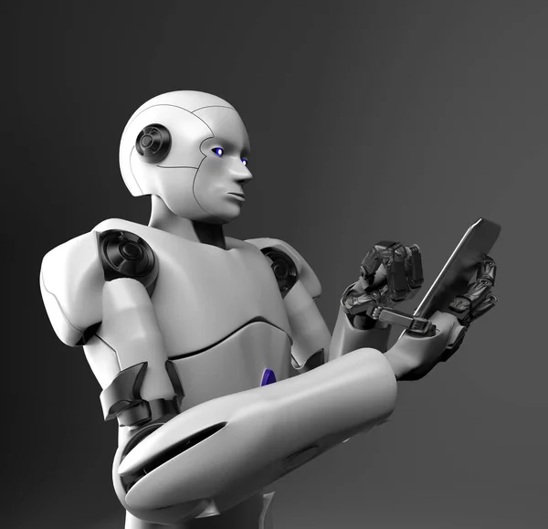 Den Humanoida Roboten Med Telefon Render Stockbild