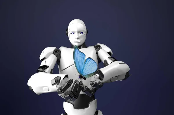 Robot Humanoide Con Mariposa Render —  Fotos de Stock