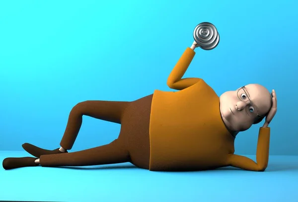 手にダンベルを持つ怠惰な男が床に横たわって 3Dレンダリング — ストック写真