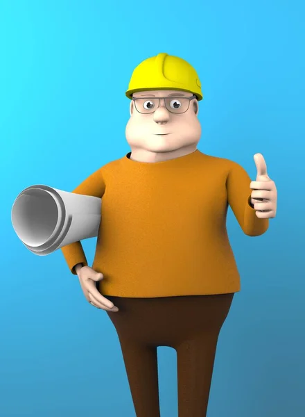 The builder engineer with a drawing on a blue background,3d render.