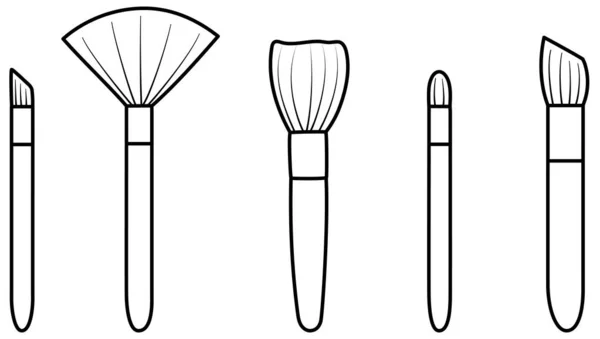 Cinq pinceaux de maquillage ligne noire sur fond blanc — Image vectorielle