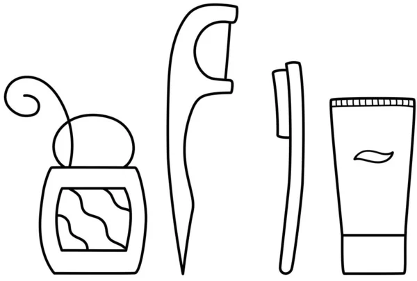 Set de hilo dental, pasta de dientes y cepillo de dientes en líneas negras — Archivo Imágenes Vectoriales