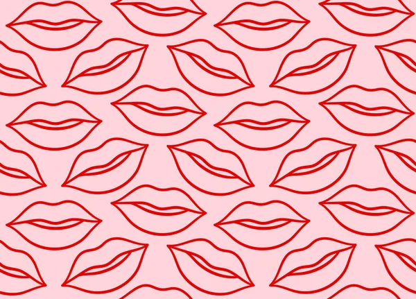 Labios de línea roja besos patrón sin costuras sobre fondo rosa — Archivo Imágenes Vectoriales