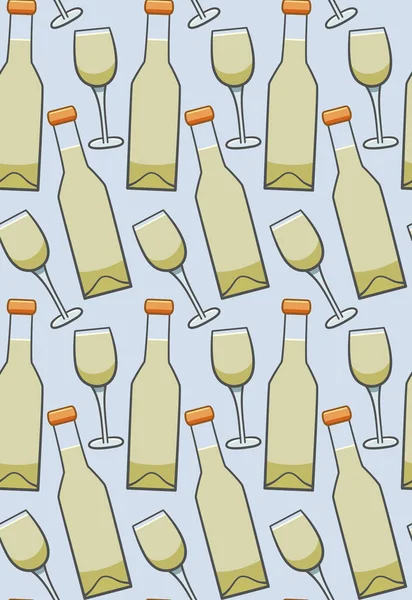 Bottiglia e bicchiere di vino bianco modello senza cuciture su sfondo blu — Vettoriale Stock