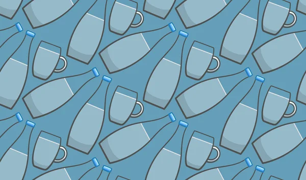 Glazen fles en beker met mineraalwater naadloos patroon op blauwe achtergrond — Stockvector