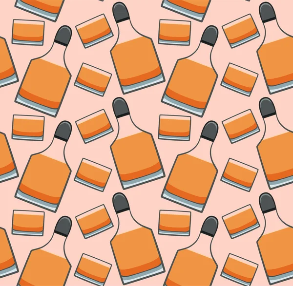 Flasche und Glas Whisky mit nahtlosem Muster auf rosa Hintergrund — Stockvektor