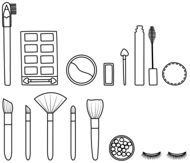 Beyaz arkaplanda siyah çizgilerle makyaj aksesuarları